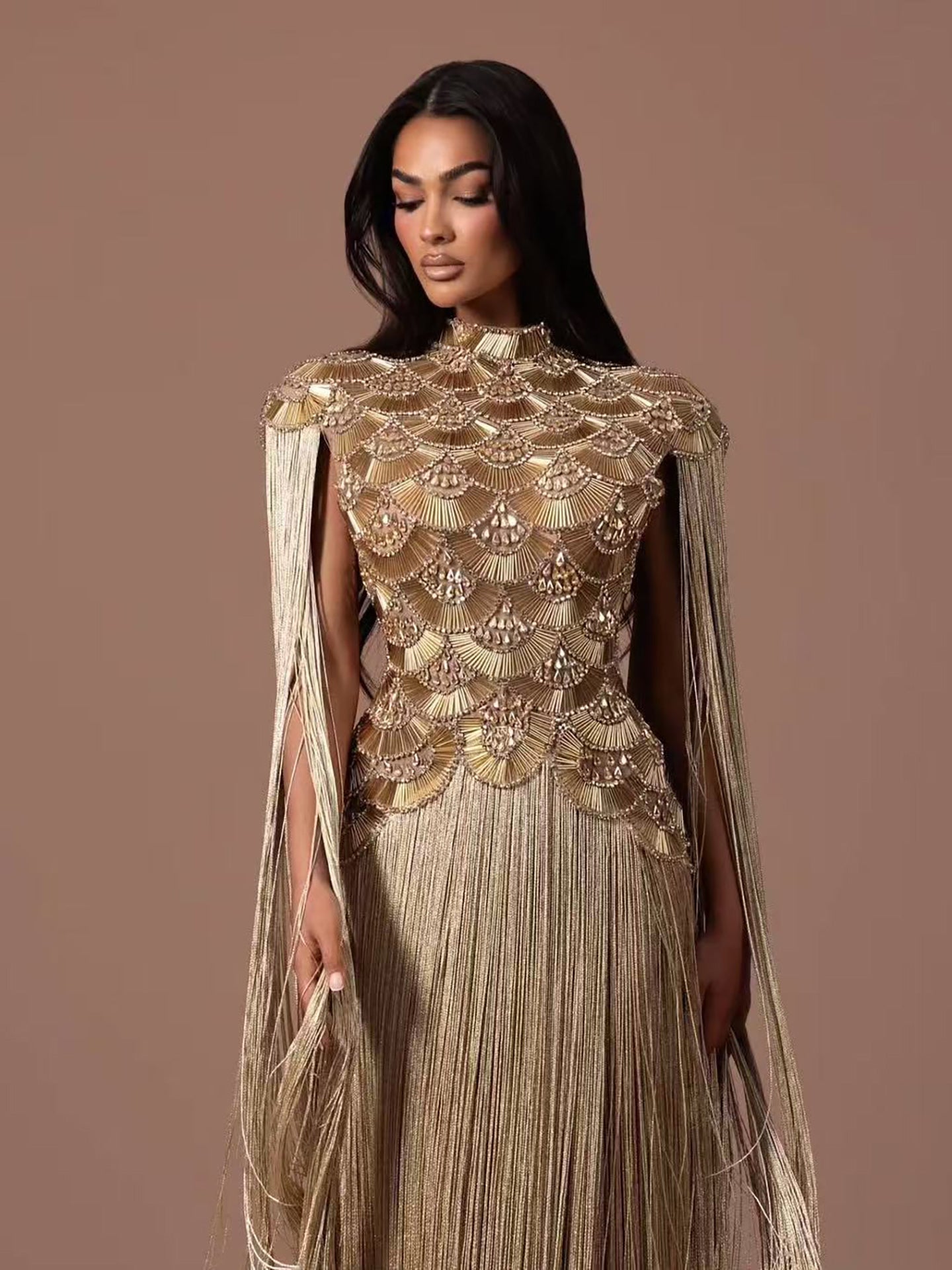 Luxury Gold Scallop Beaded High Neck Dress with Tassel Sleeves LA73748B SERENE HILL
