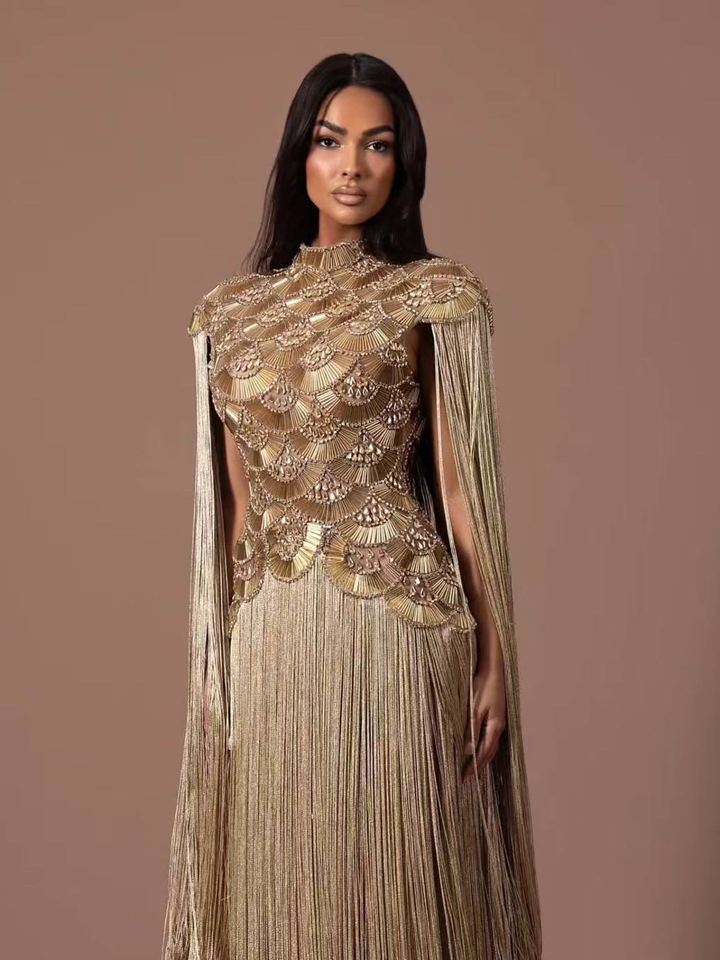 Luxury Gold Scallop Beaded High Neck Dress with Tassel Sleeves LA73748B SERENE HILL