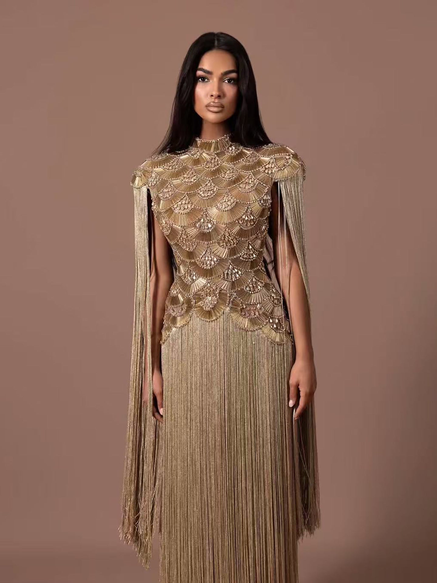 Luxury Gold Scallop Beaded High Neck Dress with Tassel Sleeves LA73748B SERENE HILL