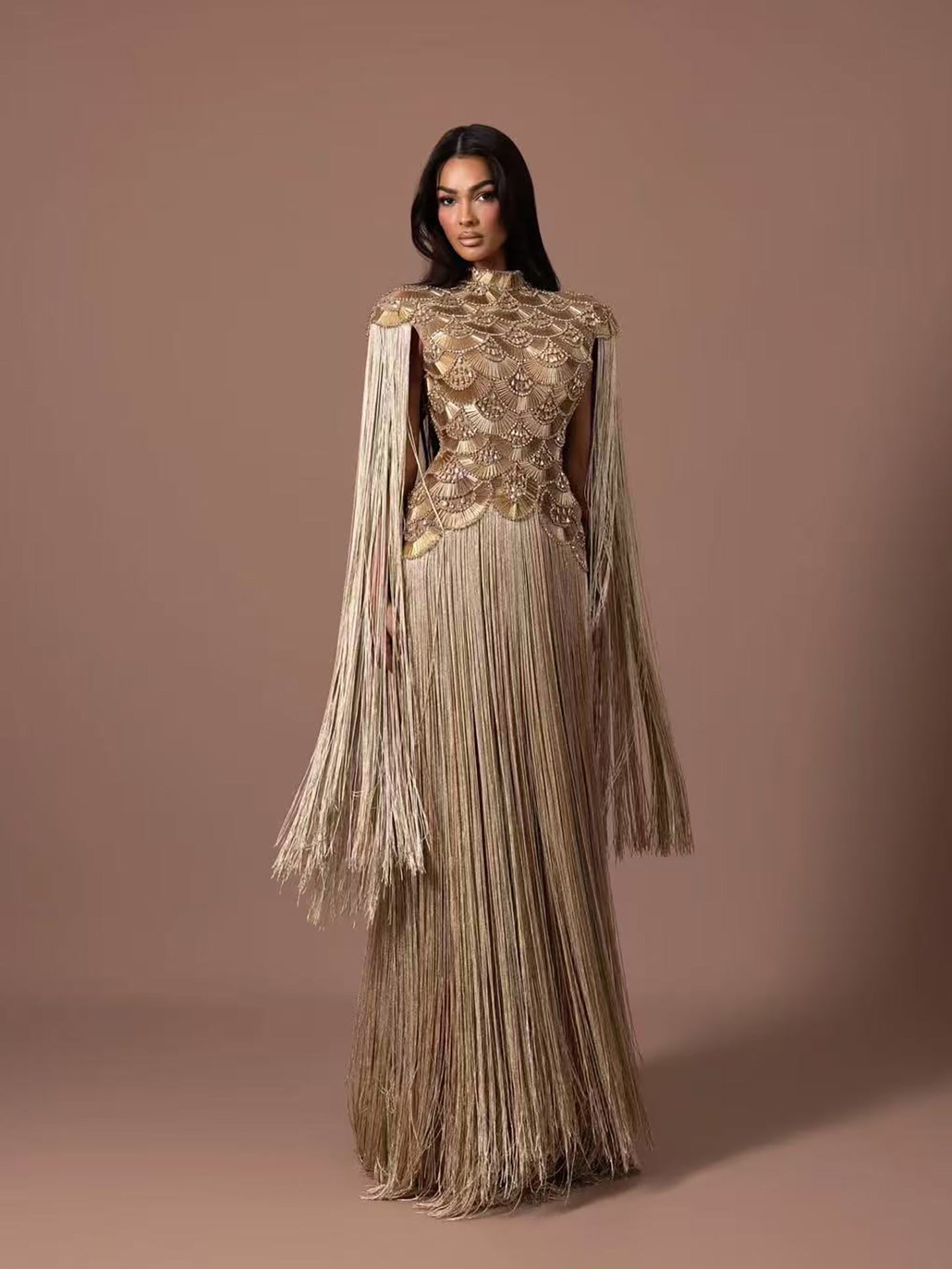 Luxury Gold Scallop Beaded High Neck Dress with Tassel Sleeves LA73748B SERENE HILL