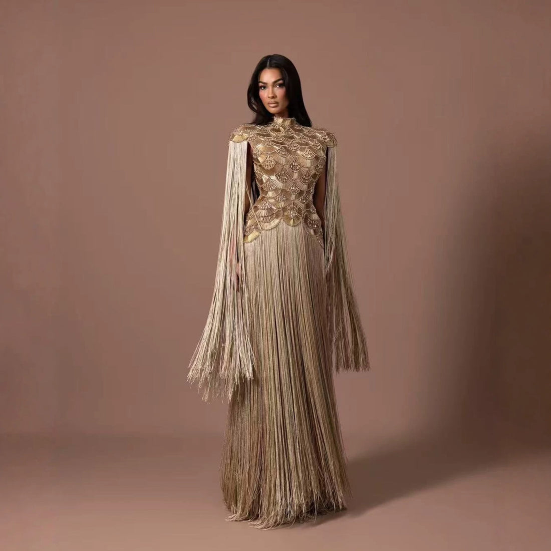 Luxury Gold Scallop Beaded High Neck Dress with Tassel Sleeves LA73748B SERENE HILL