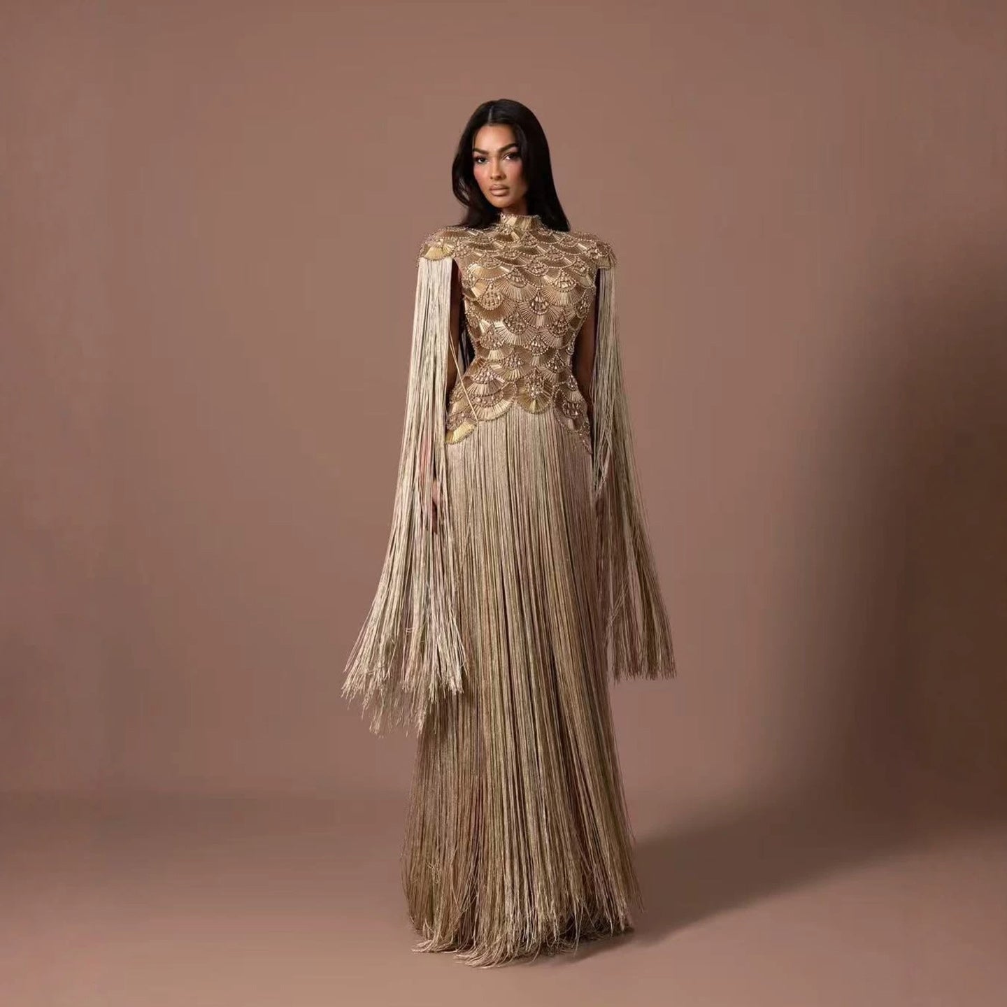Luxury Gold Scallop Beaded High Neck Dress with Tassel Sleeves LA73748B SERENE HILL