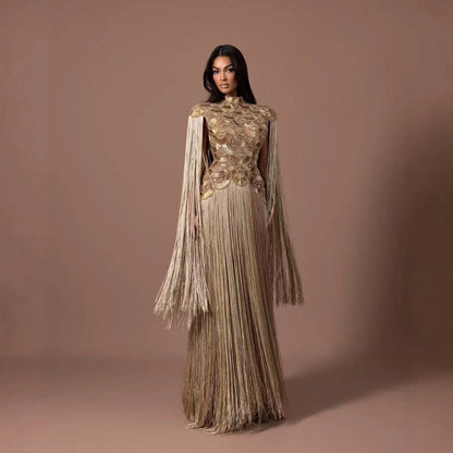 Luxury Gold Scallop Beaded High Neck Dress with Tassel Sleeves LA73748B SERENE HILL