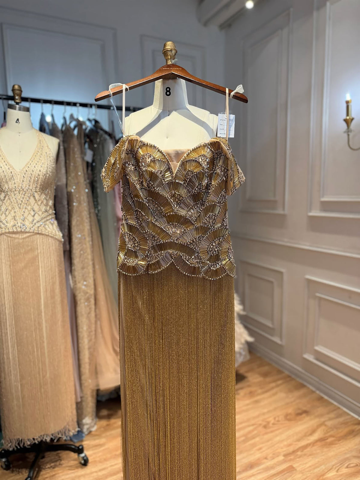 Luxury Gold Off Shoulder Sweetheart Beaded Fringe Dress LA73748C