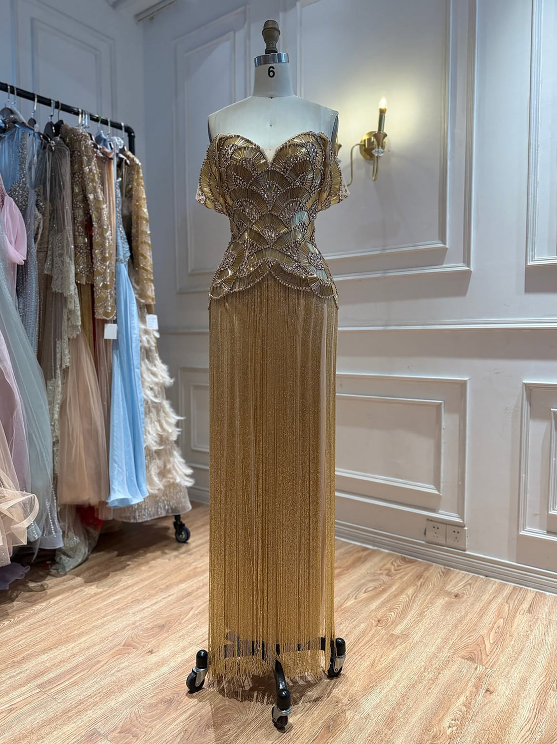 Luxury Gold Off Shoulder Sweetheart Beaded Fringe Dress LA73748C