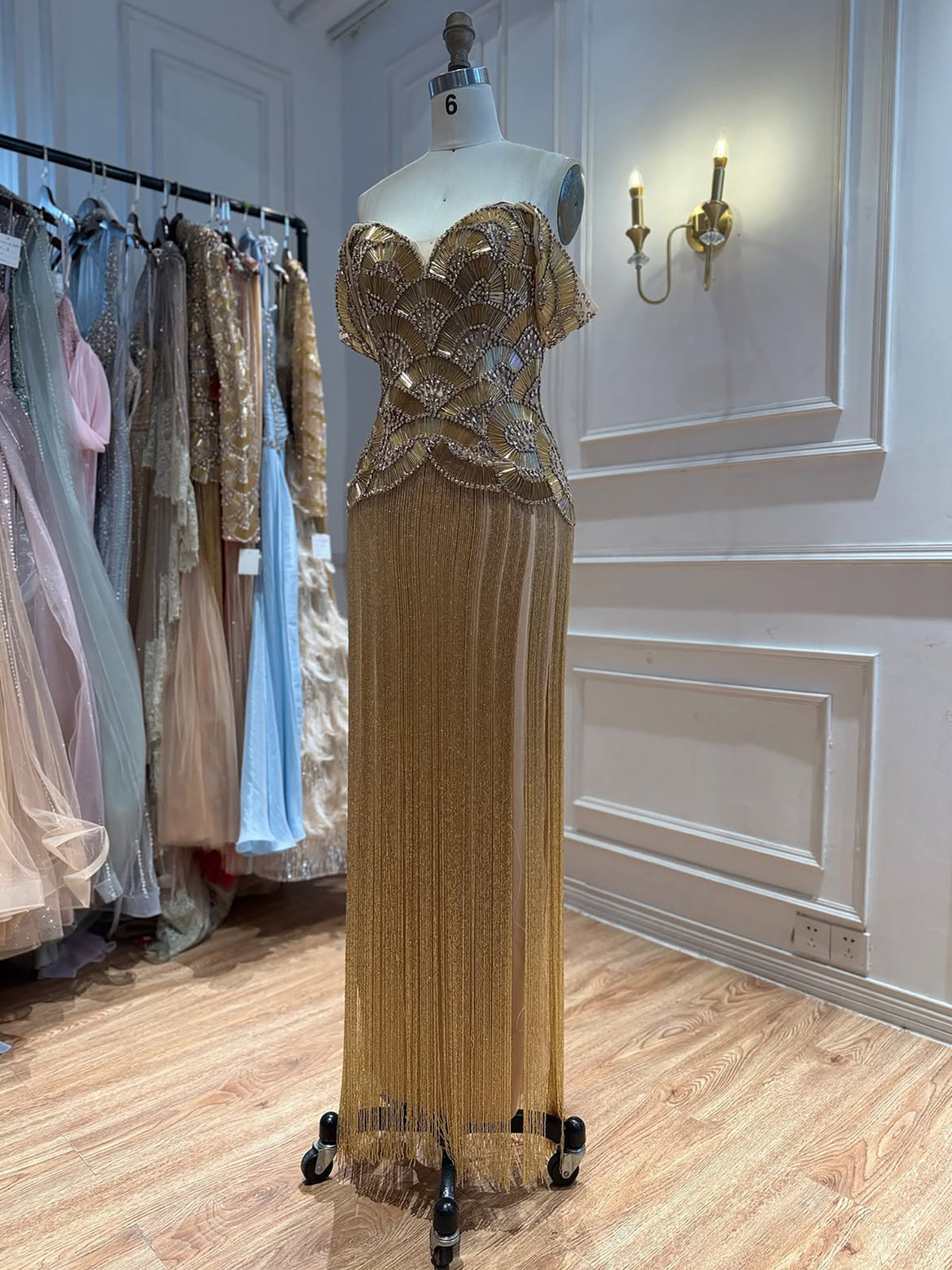 Luxury Gold Off Shoulder Sweetheart Beaded Fringe Dress LA73748C