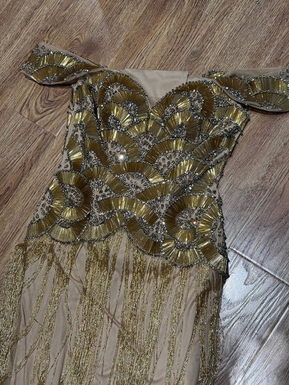 Luxury Gold Off Shoulder Sweetheart Beaded Fringe Dress LA73748C