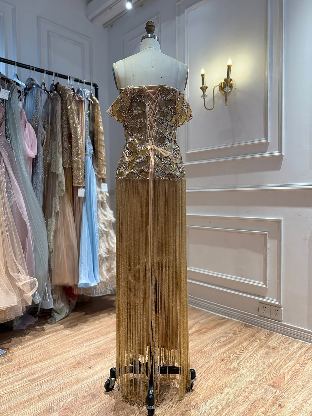 Luxury Gold Off Shoulder Sweetheart Beaded Fringe Dress LA73748C