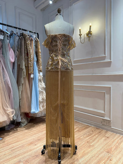 Luxury Gold Off Shoulder Sweetheart Beaded Fringe Dress LA73748C