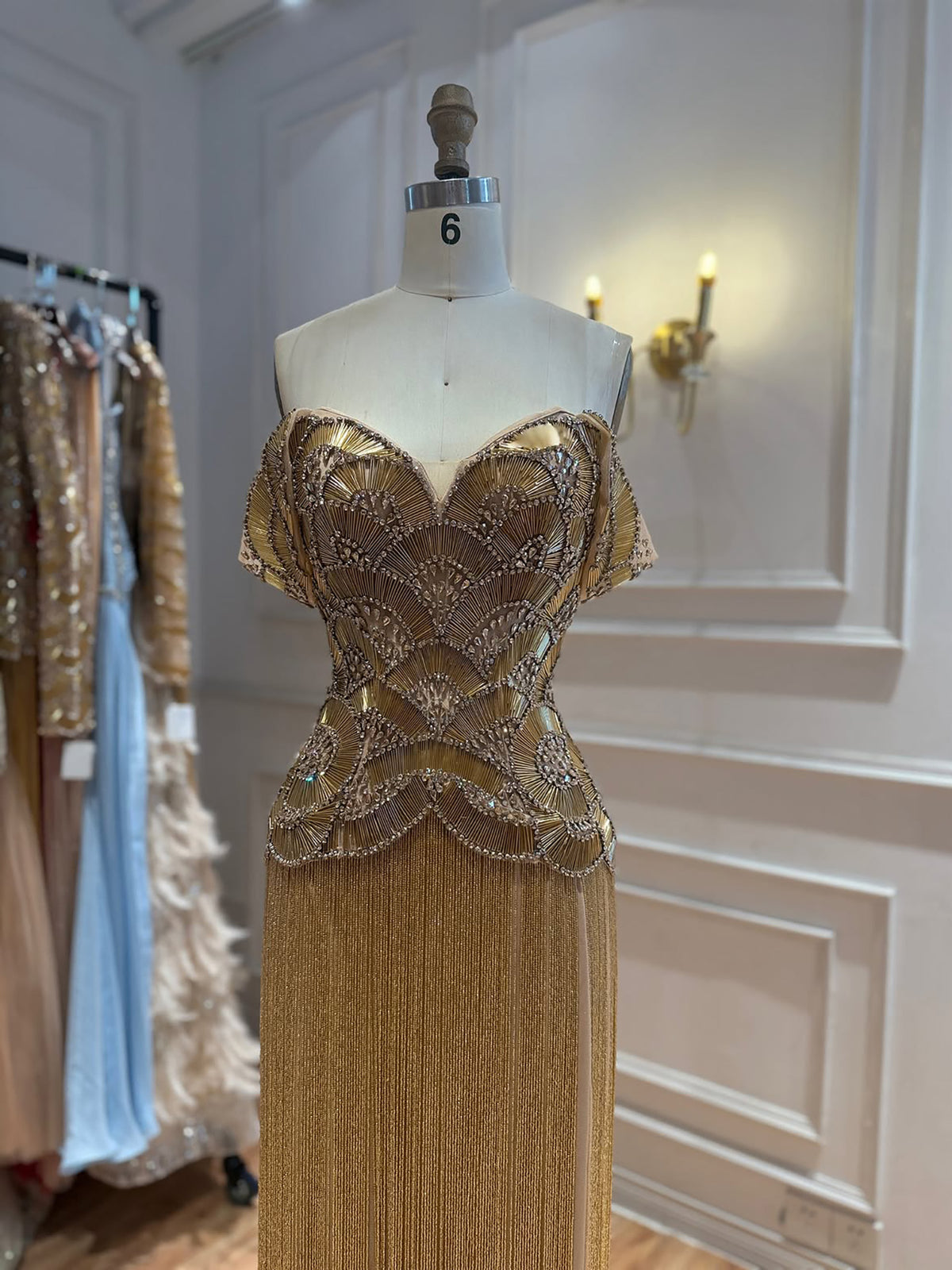 Luxury Gold Off Shoulder Sweetheart Beaded Fringe Dress LA73748C