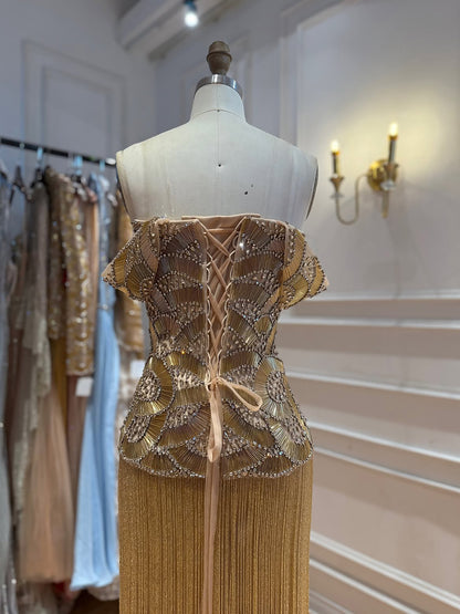 Luxury Gold Off Shoulder Sweetheart Beaded Fringe Dress LA73748C