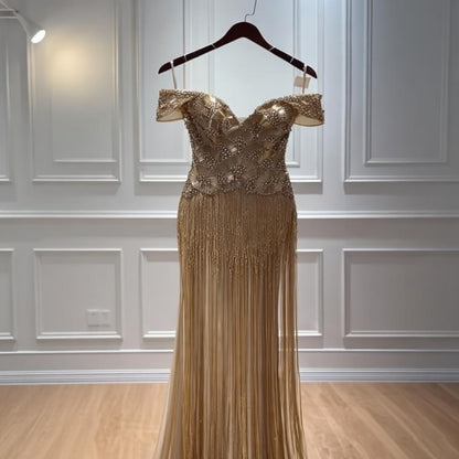 Luxury Gold Off Shoulder Sweetheart Beaded Fringe Dress LA73748C SERENE HILL
