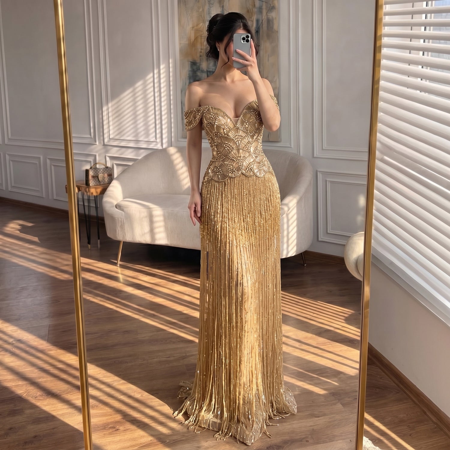 Luxury Gold Off Shoulder Sweetheart Beaded Fringe Dress LA73748C