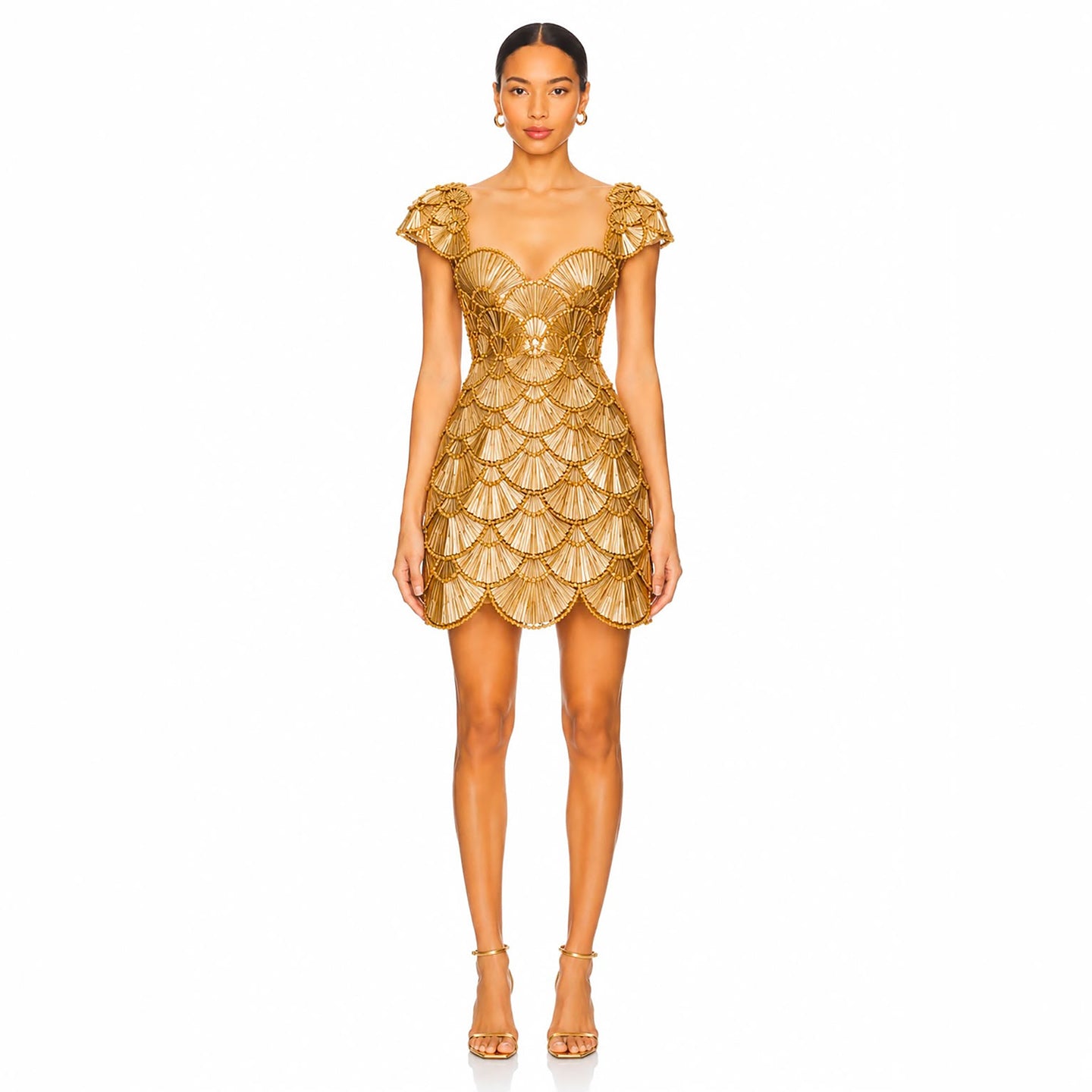 Luxury Gold Sweetheart Scalloped Crystal Beaded Mini Dress LA73748E