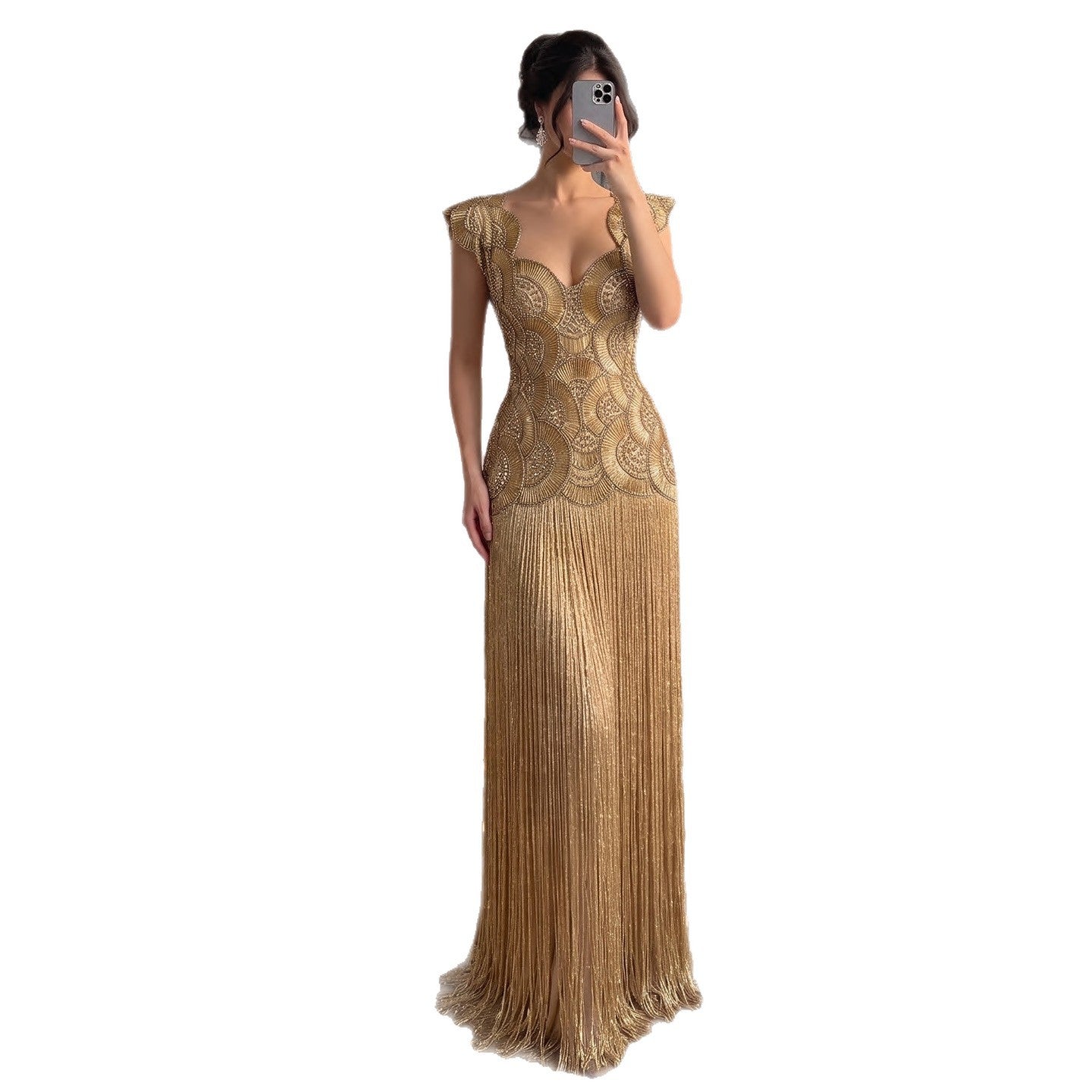 Luxury Gold Sweetheart Scalloped Beaded Fringe Long Dress LA73748F SERENE HILL