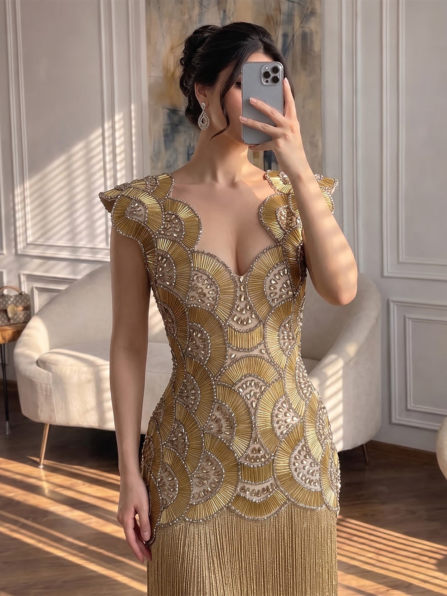 Luxury Gold Sweetheart Scalloped Beaded Fringe Long Dress LA73748F SERENE HILL