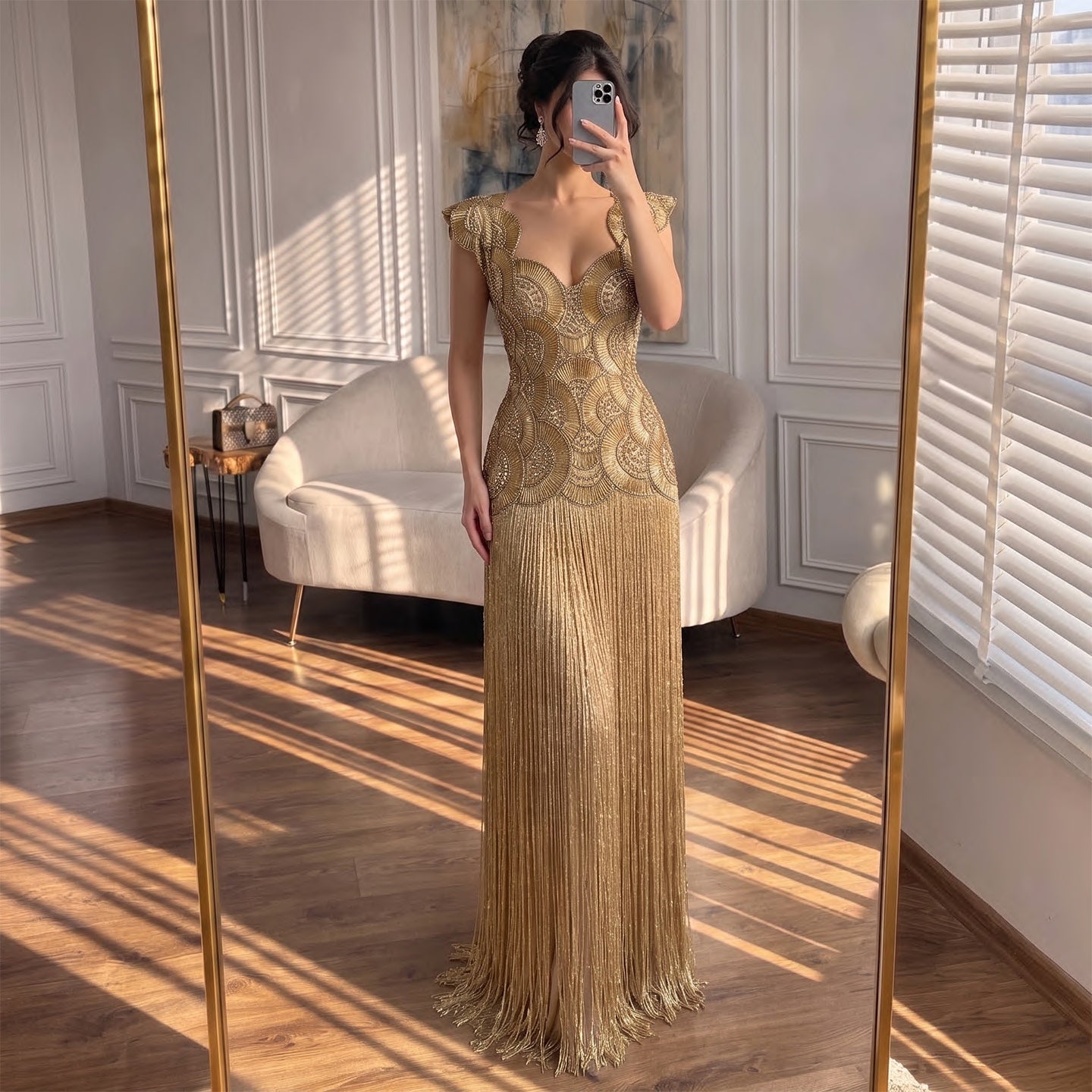 long beaded fringe dress Luxury Gold Sweetheart Scalloped LA73835 Light Blue Coast Petite perfect for formal occasions Color:LILAC neckline:Square