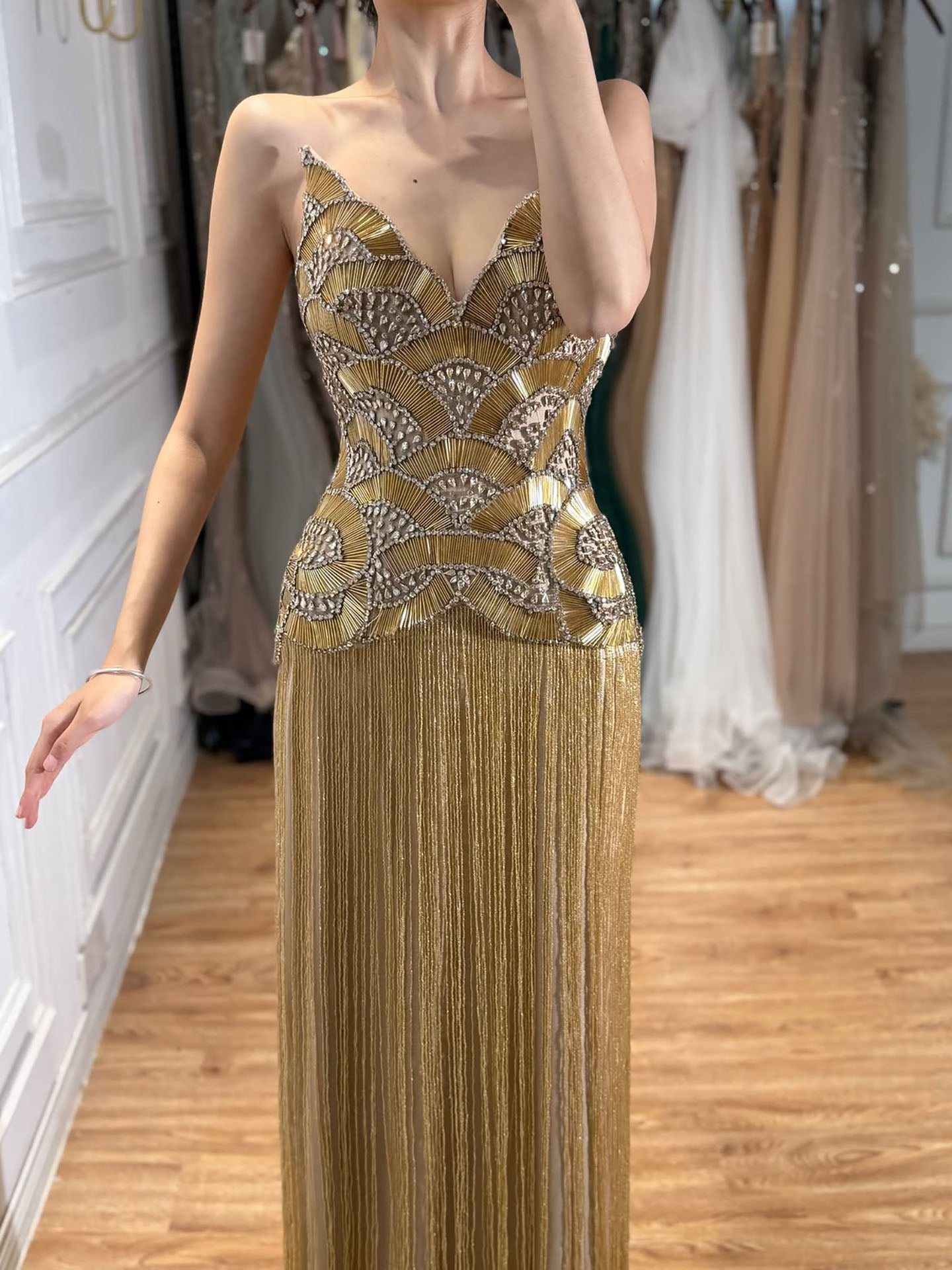 Luxury Hand Made Gold Scallop Tassel Evening Dress LA73748 SERENE HILL