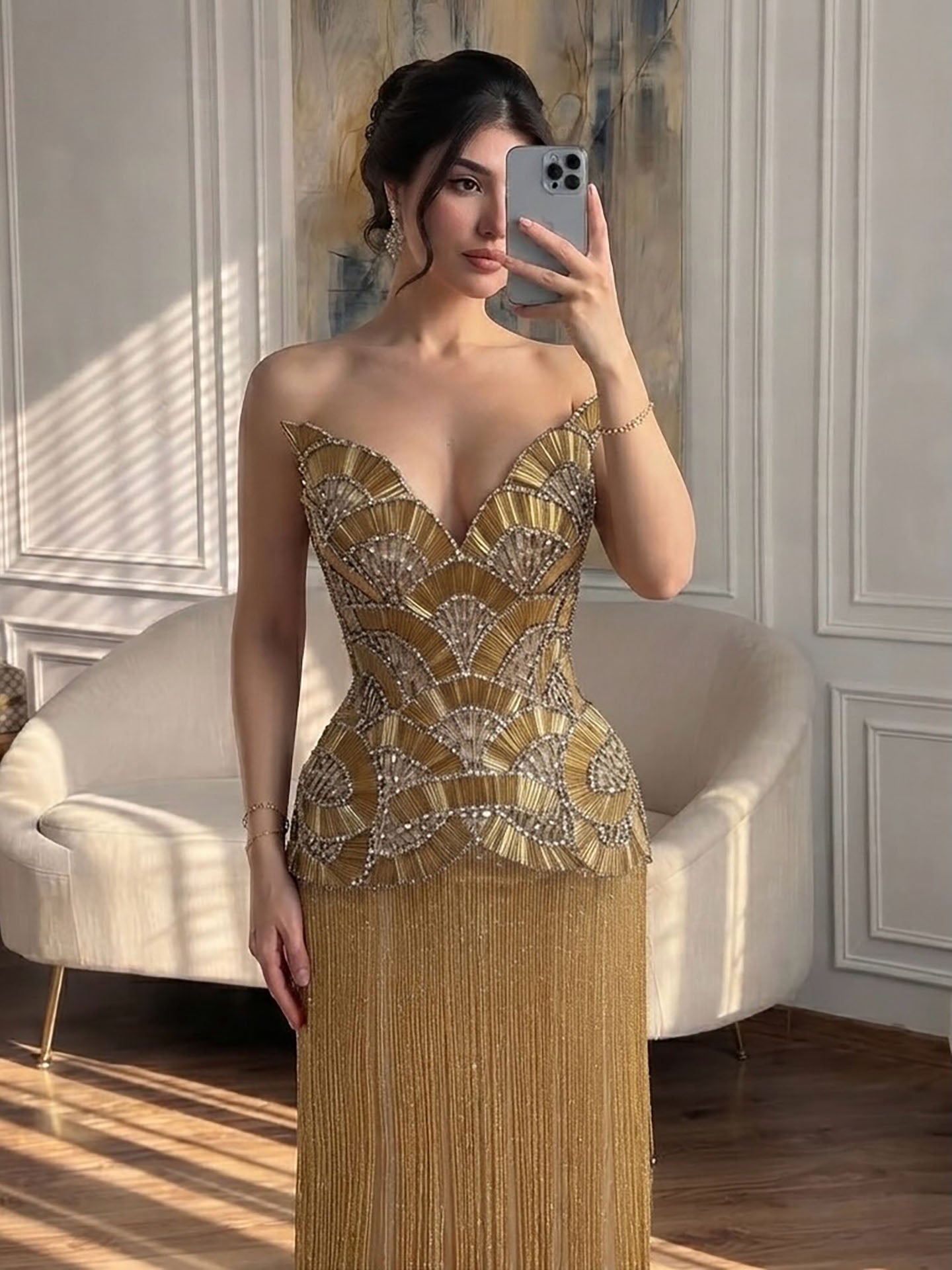 Luxury Hand Made Gold Scallop Tassel Evening Dress LA73748 SERENE HILL