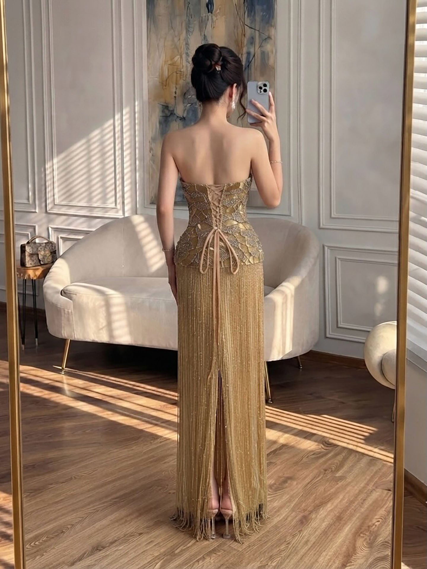 Luxury Hand Made Gold Scallop Tassel Evening Dress LA73748 SERENE HILL