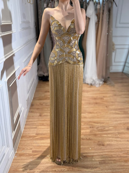 Luxury Hand Made Gold Scallop Tassel Evening Dress LA73748 SERENE HILL