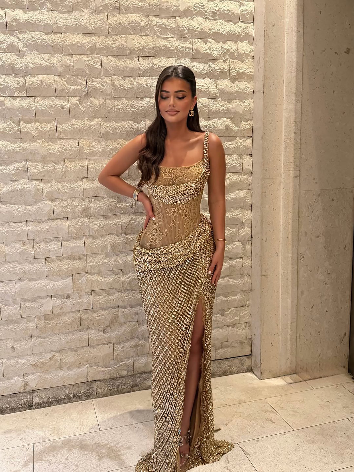 Luxury Gold Crystal Beaded Lace Mermaid Slit Dress LA73749 SERENE HILL