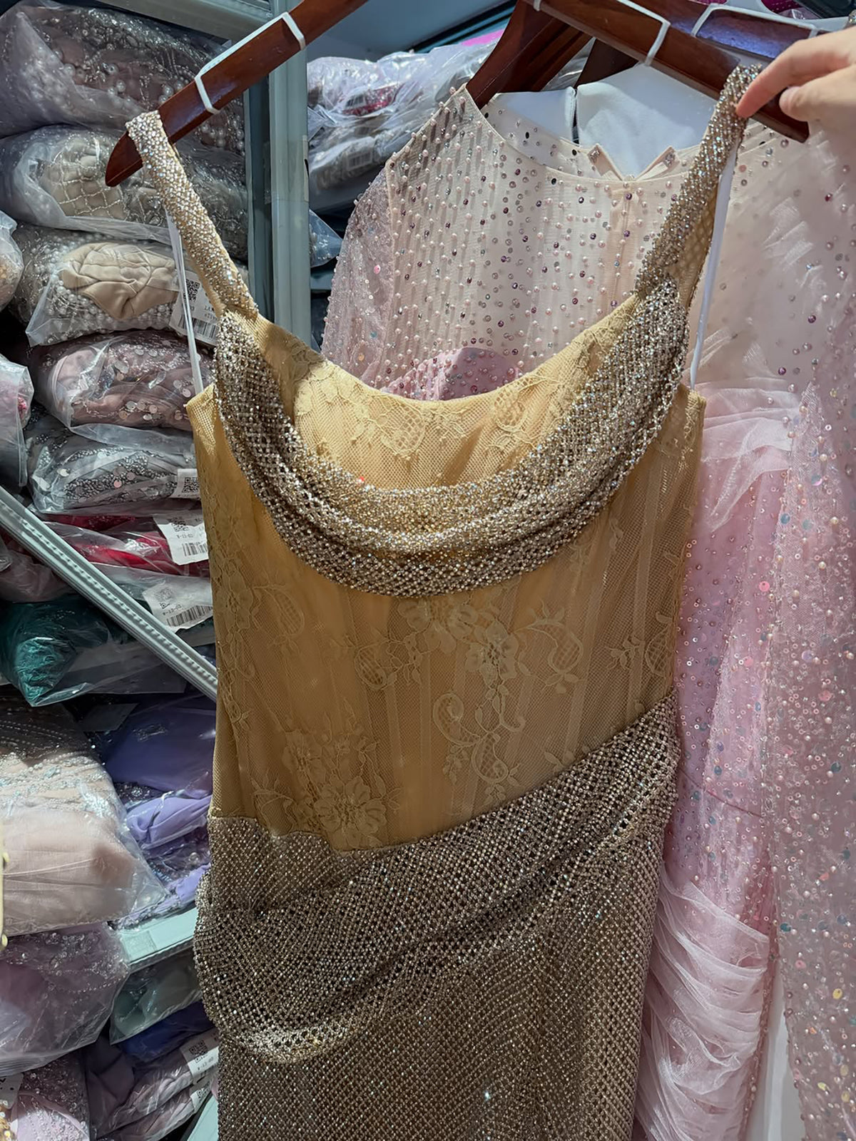 Luxury Gold Crystal Beaded Lace Mermaid Slit Dress LA73749