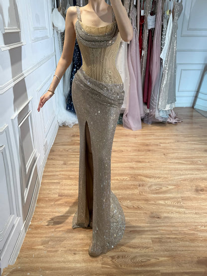 Luxury Gold Crystal Beaded Lace Mermaid Slit Dress LA73749