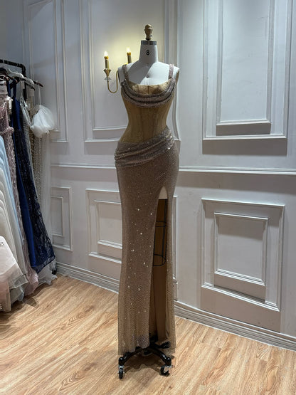 Luxury Gold Crystal Beaded Lace Mermaid Slit Dress LA73749