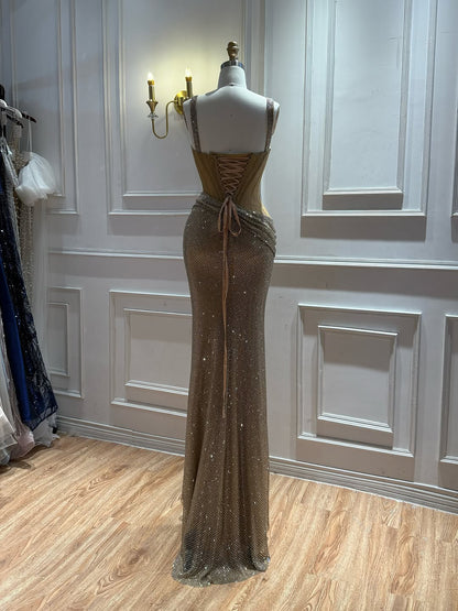 Luxury Gold Crystal Beaded Lace Mermaid Slit Dress LA73749