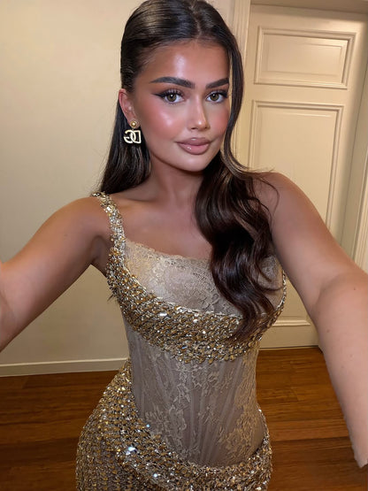 Luxury Gold Crystal Beaded Lace Mermaid Slit Dress LA73749 SERENE HILL