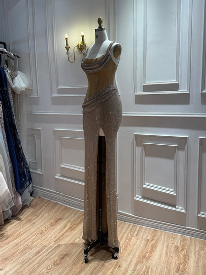 Luxury Gold Crystal Beaded Lace Mermaid Slit Dress LA73749