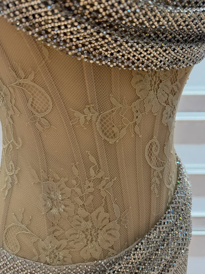 Luxury Gold Crystal Beaded Lace Mermaid Slit Dress LA73749