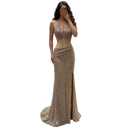 Gold Crystal Beaded Halter High Slit Mermaid Evening Dress LA73749A