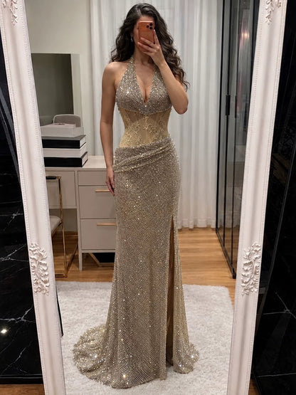 Gold Crystal Beaded Halter High Slit Mermaid Evening Dress LA73749A