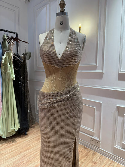 Gold Crystal Beaded Halter High Slit Mermaid Evening Dress LA73749A