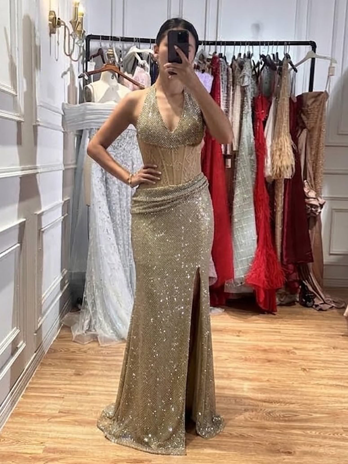 Gold Crystal Beaded Halter High Slit Mermaid Evening Dress LA73749A