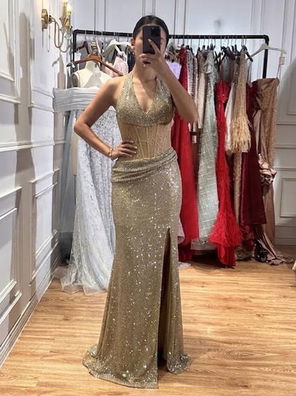 Gold Crystal Beaded Halter High Slit Mermaid Evening Dress LA73749A