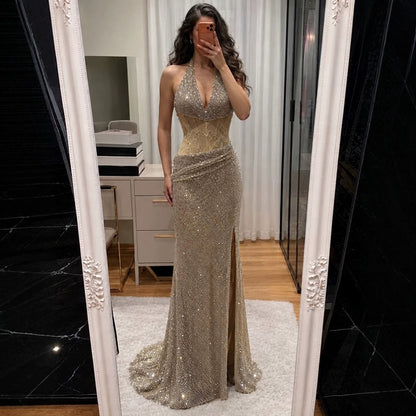 Gold Crystal Beaded Halter High Slit Mermaid Evening Dress LA73749A