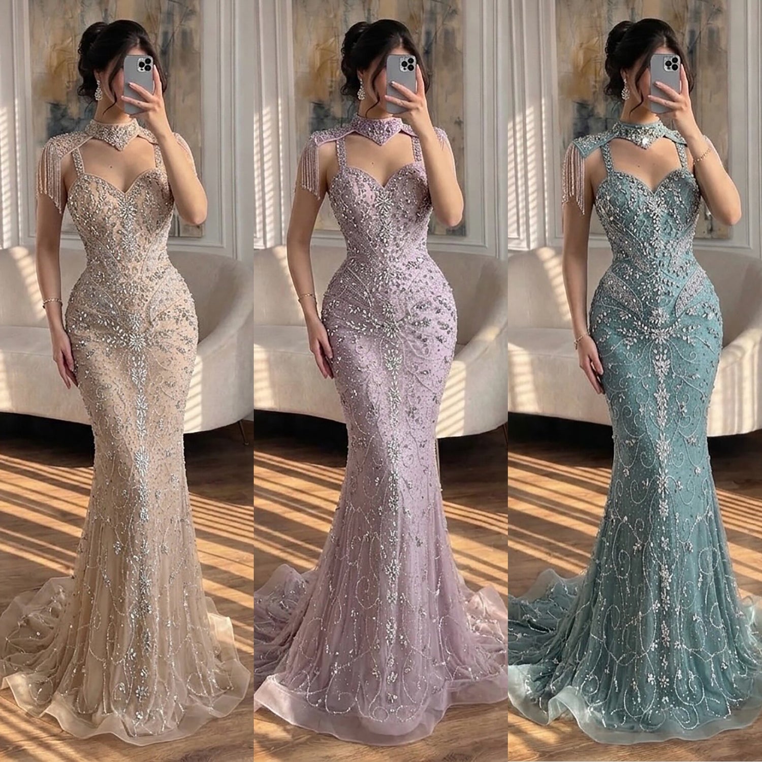 Luxury Nude Crystal Beaded Tassel Mermaid Evening Dress LA73751 SERENE HILL