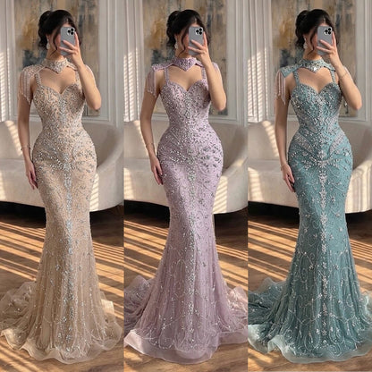 Luxury Nude Crystal Beaded Tassel Mermaid Evening Dress LA73751 SERENE HILL