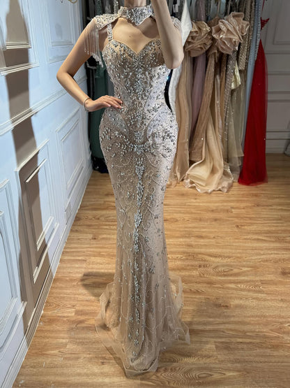 Luxury Nude Crystal Beaded Tassel Mermaid Evening Dress LA73751 SERENE HILL