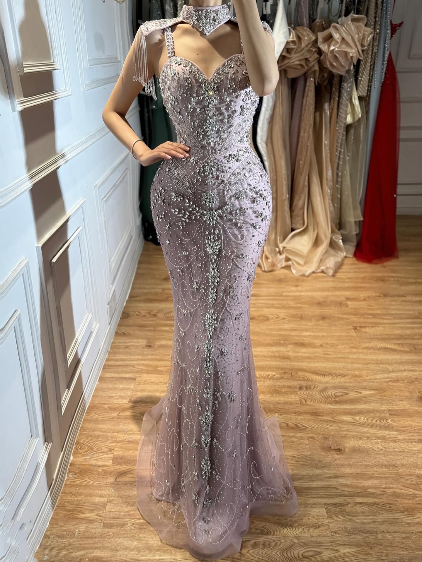 Luxury Nude Crystal Beaded Tassel Mermaid Evening Dress LA73751 SERENE HILL