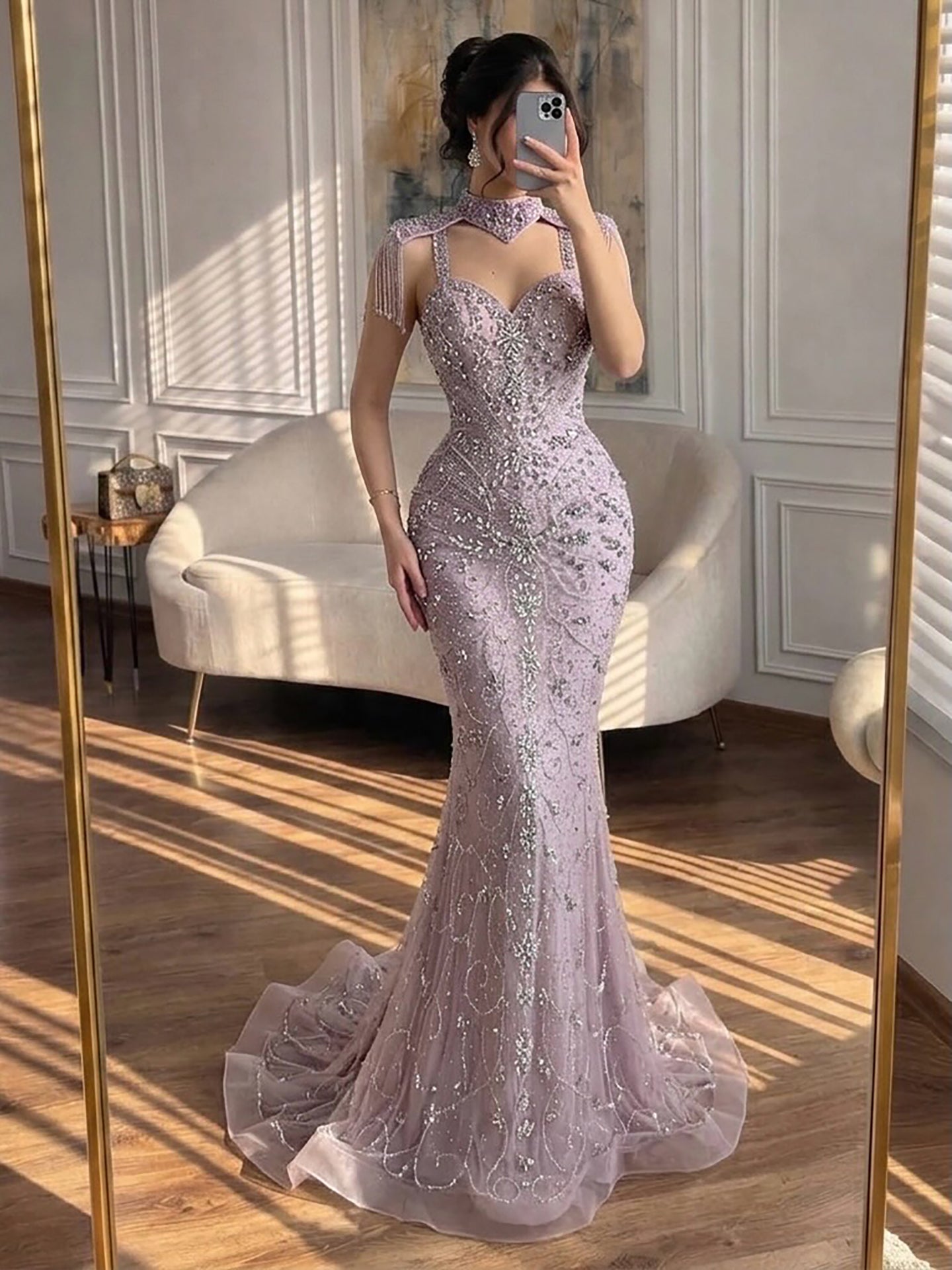 Luxury Nude Crystal Beaded Tassel Mermaid Evening Dress LA73751 SERENE HILL