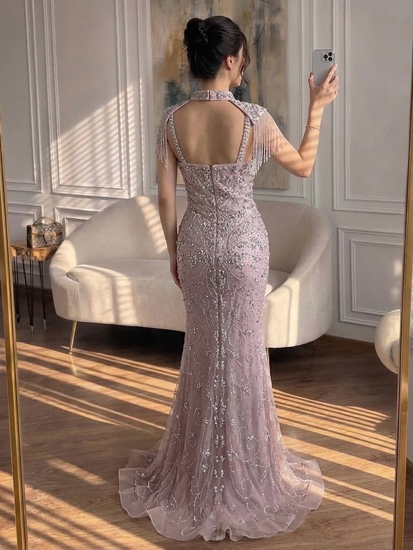 Luxury Nude Crystal Beaded Tassel Mermaid Evening Dress LA73751 SERENE HILL