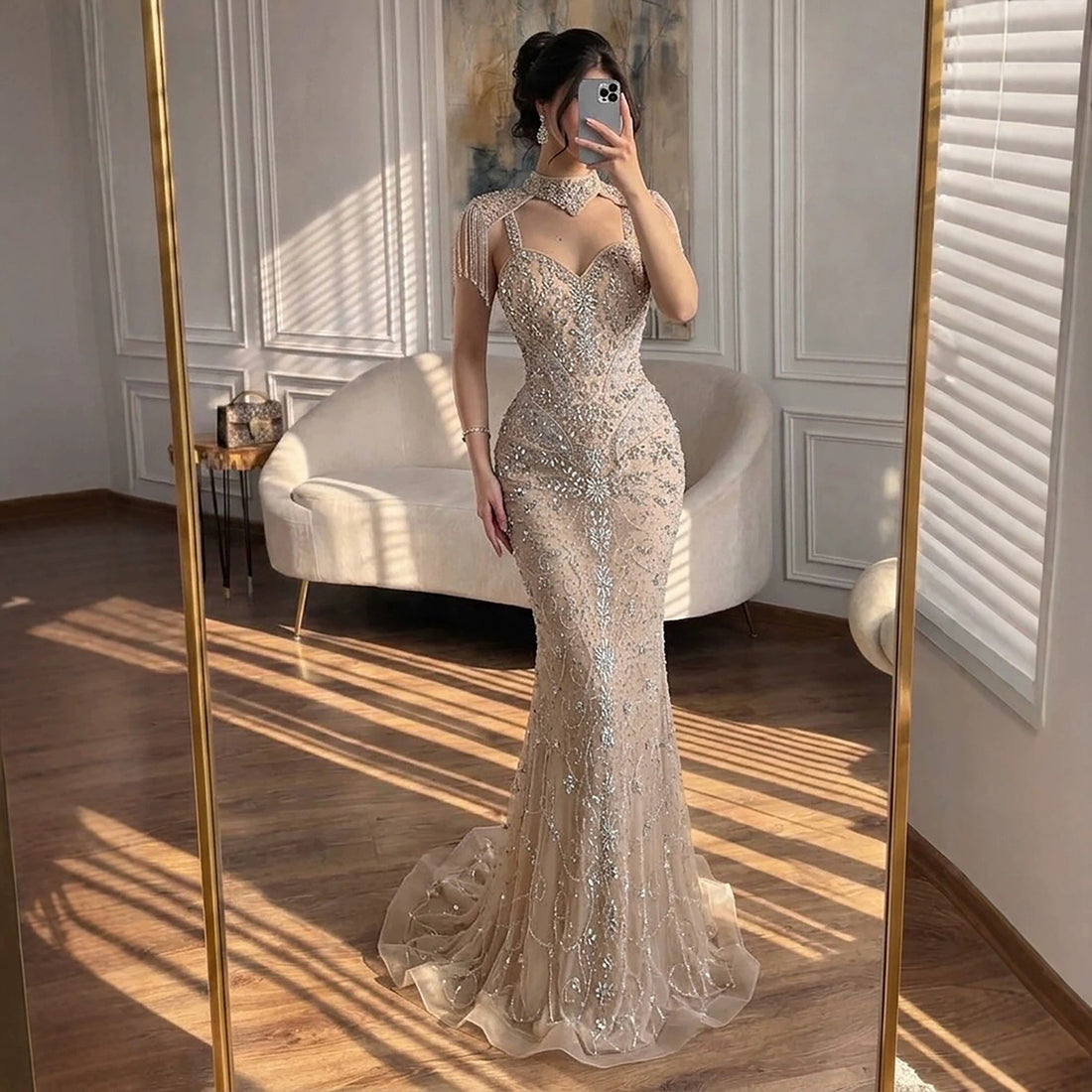 Luxury Nude Crystal Beaded Tassel Mermaid Evening Dress LA73751 SERENE HILL