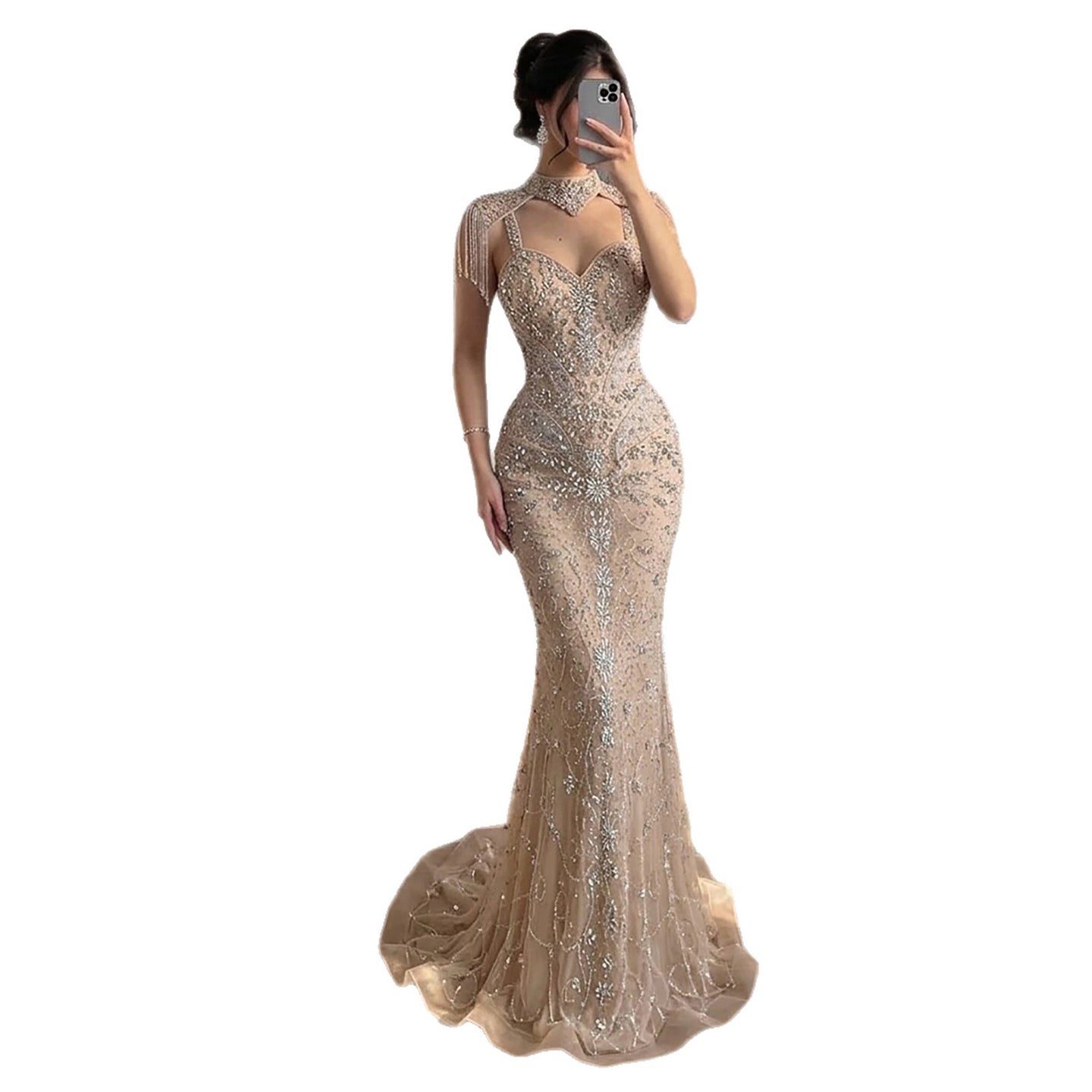 Luxury Nude Crystal Beaded Tassel Mermaid Evening Dress LA73751 SERENE HILL