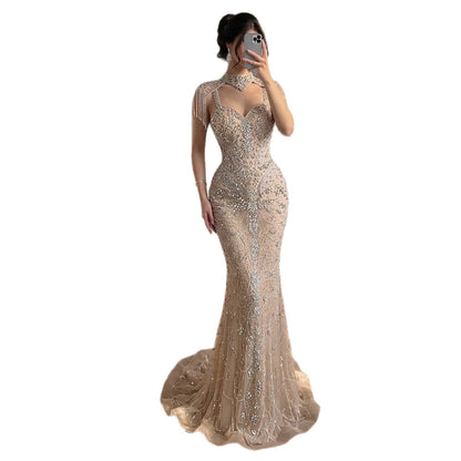 Luxury Nude Crystal Beaded Tassel Mermaid Evening Dress LA73751 SERENE HILL