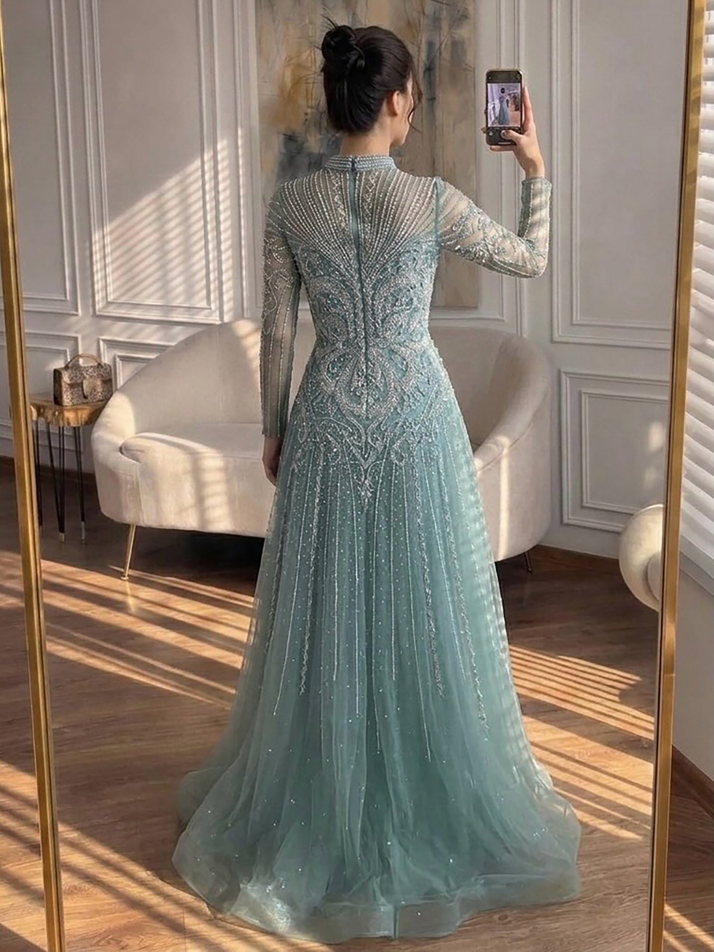 Luxury Turquoise Crystal Beaded Evening Dress LA73752 nude / 14