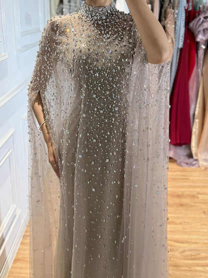Luxury Caramel Crystal Beaded Cape Sleeves A Line Dress LA73755 SERENE HILL